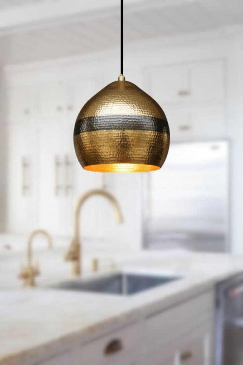 Handmade Hammered Brass Pendant Light – Moroccan Gold Dome Pendant Lamp with Black Band for Kitchen Island, Dining Room & Boho Home Décor