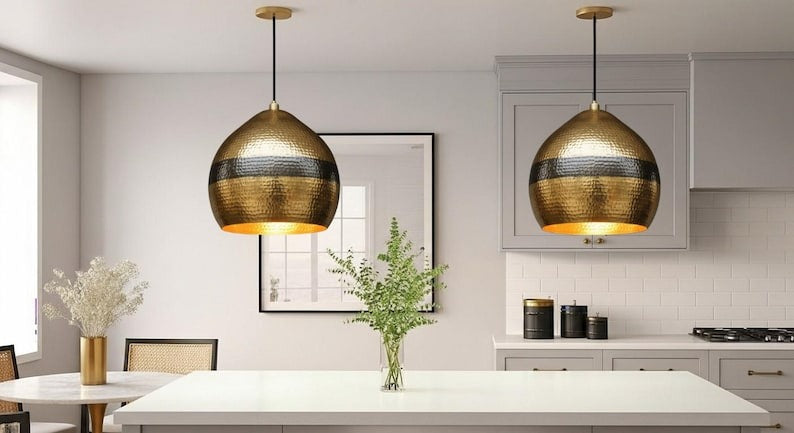 Handmade Hammered Brass Pendant Light – Moroccan Gold Dome Pendant Lamp with Black Band for Kitchen Island, Dining Room & Boho Home Décor