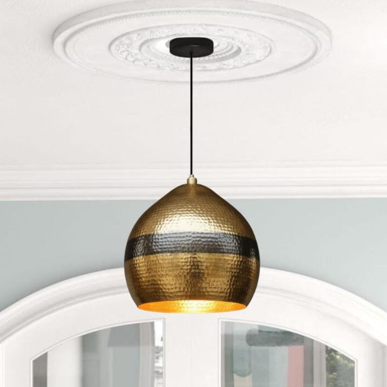 Handmade Hammered Brass Pendant Light – Moroccan Gold Dome Pendant Lamp with Black Band for Kitchen Island, Dining Room & Boho Home Décor