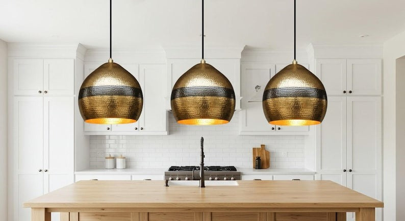 Handmade Hammered Brass Pendant Light – Moroccan Gold Dome Pendant Lamp with Black Band for Kitchen Island, Dining Room & Boho Home Décor