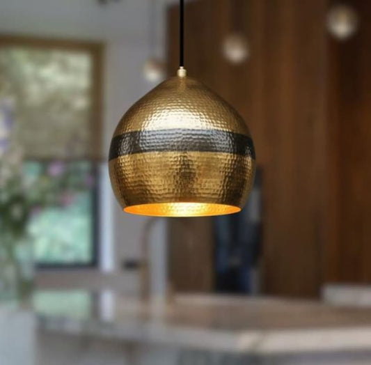 Handmade Hammered Brass Pendant Light – Moroccan Gold Dome Pendant Lamp with Black Band for Kitchen Island, Dining Room & Boho Home Décor