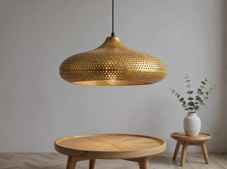 Perforated Brass Saucer Pendant Light, Handmade Moroccan Gold Brass Chandelier, Pierced Kitchen Island Hanging Lamp, Rustic Boho Farmhouse Dining Room Ceiling Light Fixture