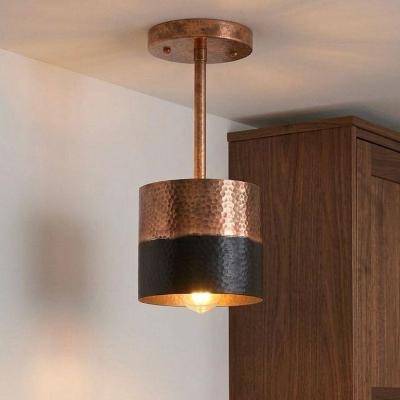 Set of 2 Handmade Moroccan Brass Pendant Lights – Hammered Copper & Black Cylinder Ceiling Lamps, Kitchen Island & Dining Room Lighting