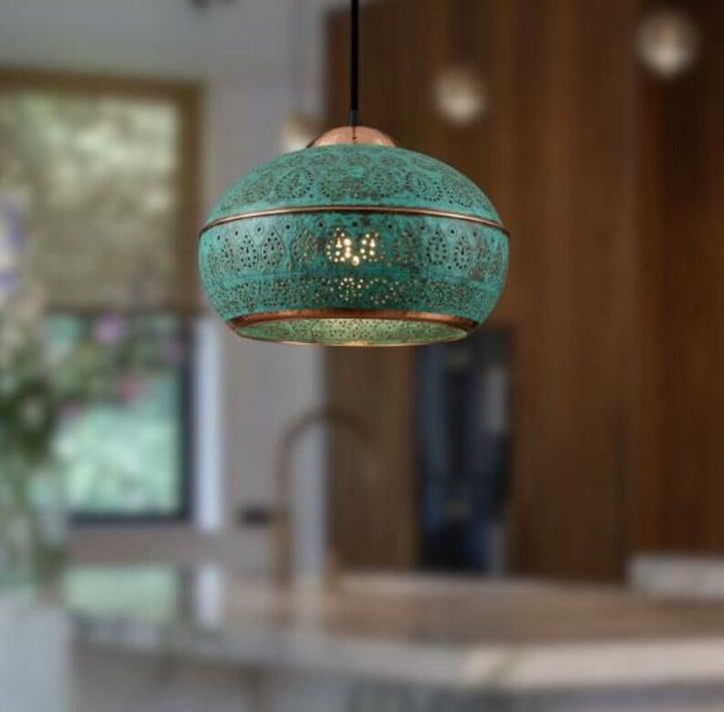 Handmade Green Patina Brass Pendant Light – Moroccan Perforated Dome Pendant Lamp with Copper Bands for Kitchen Island, Dining Room & Boho Home Décor