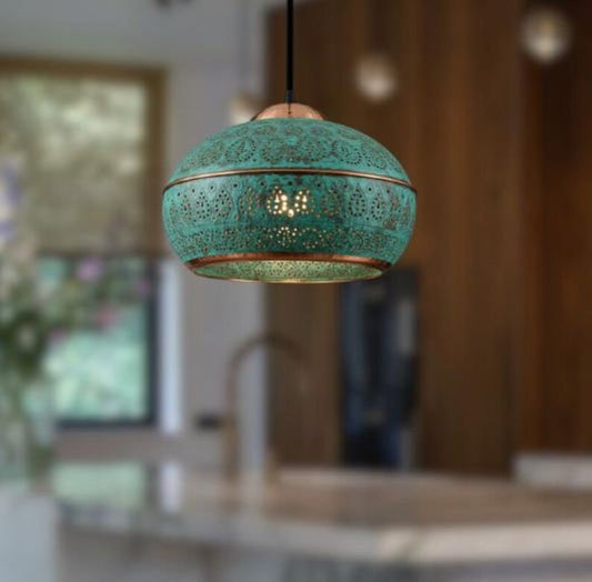 Handmade Green Patina Brass Pendant Light – Moroccan Perforated Dome Pendant Lamp with Copper Bands for Kitchen Island, Dining Room & Boho Home Décor