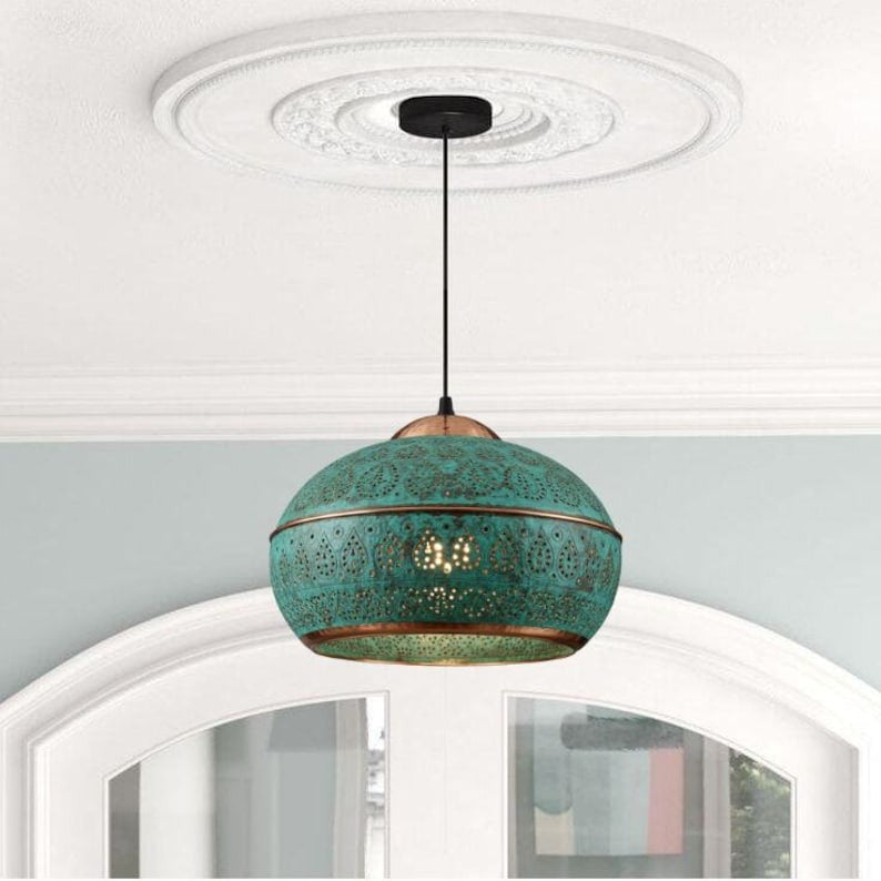 Handmade Green Patina Brass Pendant Light – Moroccan Perforated Dome Pendant Lamp with Copper Bands for Kitchen Island, Dining Room & Boho Home Décor
