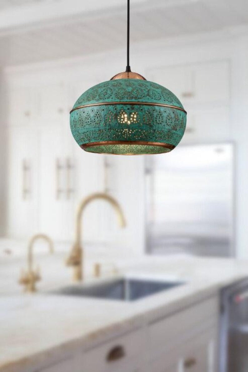 Handmade Green Patina Brass Pendant Light – Moroccan Perforated Dome Pendant Lamp with Copper Bands for Kitchen Island, Dining Room & Boho Home Décor