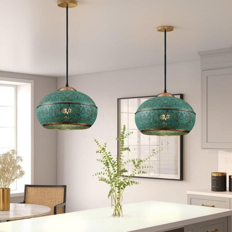 Handmade Green Patina Brass Pendant Light – Moroccan Perforated Dome Pendant Lamp with Copper Bands for Kitchen Island, Dining Room & Boho Home Décor