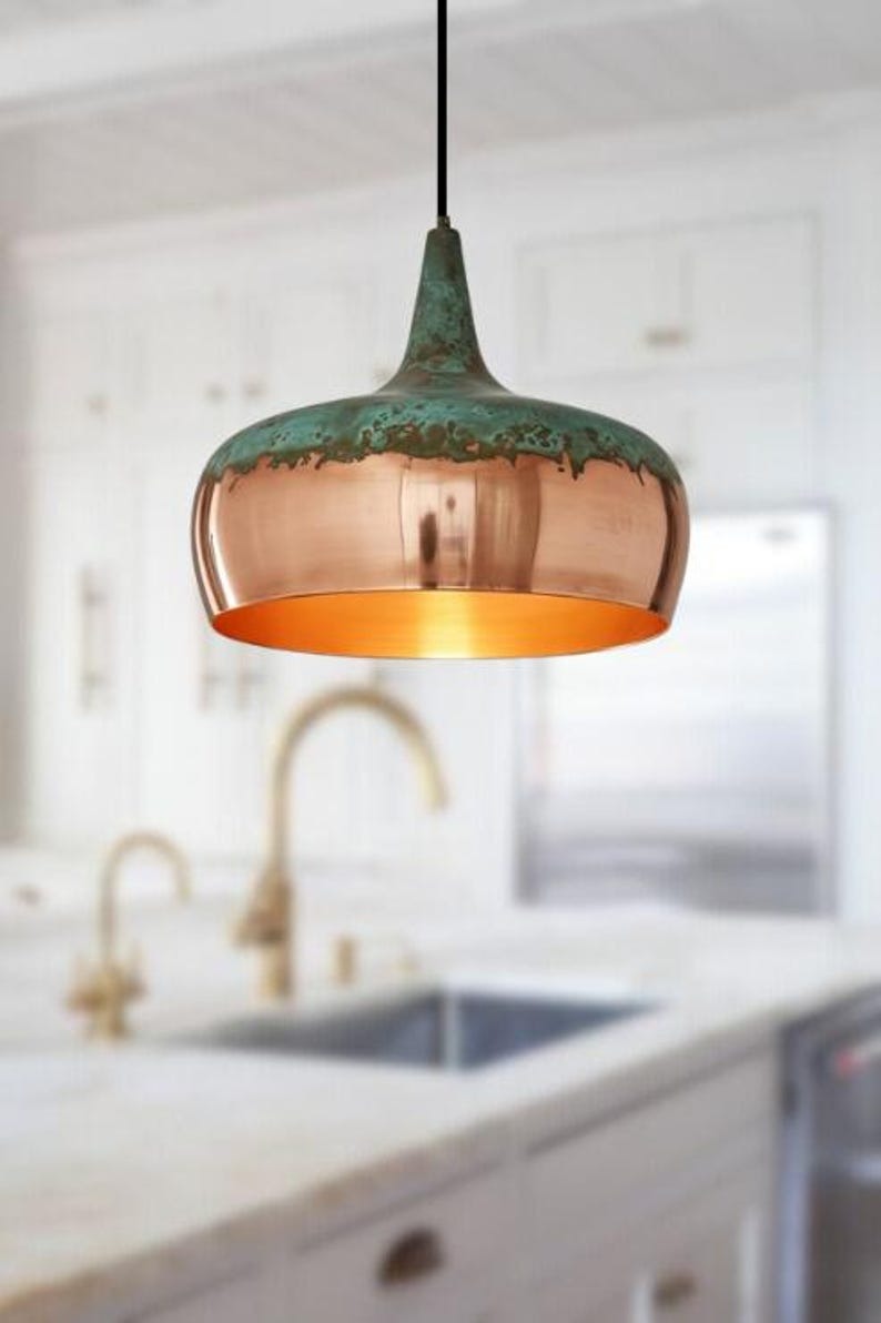 Handmade Copper Brass Pendant Light – Moroccan Dome Pendant Lamp with Green Patina Top for Kitchen Island, Dining Room & Boho Home Décor