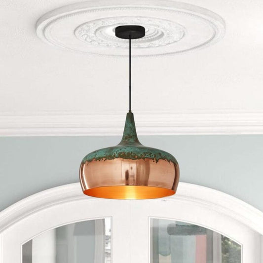 Handmade Copper Brass Pendant Light – Moroccan Dome Pendant Lamp with Green Patina Top for Kitchen Island, Dining Room & Boho Home Décor