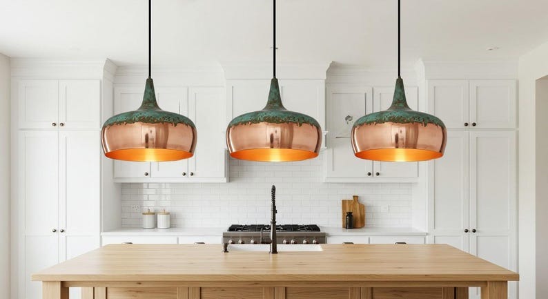 Handmade Copper Brass Pendant Light – Moroccan Dome Pendant Lamp with Green Patina Top for Kitchen Island, Dining Room & Boho Home Décor