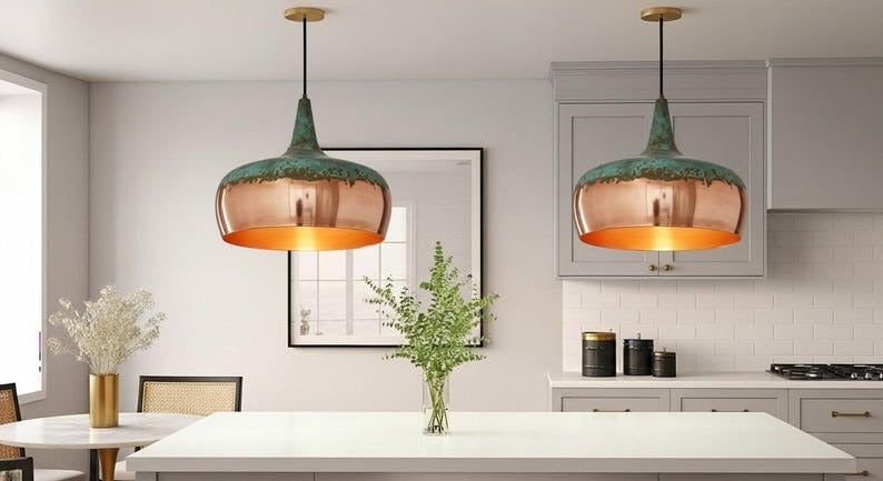 Handmade Copper Brass Pendant Light – Moroccan Dome Pendant Lamp with Green Patina Top for Kitchen Island, Dining Room & Boho Home Décor