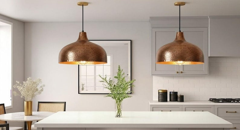 Handmade Hammered Brass Pendant Light – Moroccan Copper Dome Hanging Lamp with Warm Gold Interior for Kitchen Island, Dining Room & Boho Home Décor