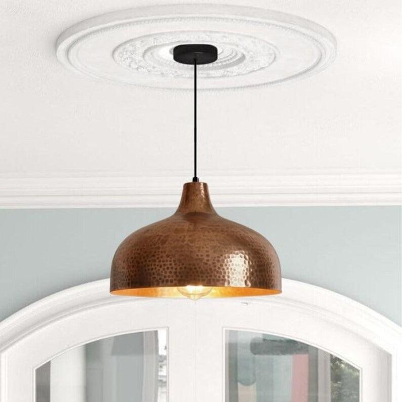 Handmade Hammered Brass Pendant Light – Moroccan Copper Dome Hanging Lamp with Warm Gold Interior for Kitchen Island, Dining Room & Boho Home Décor