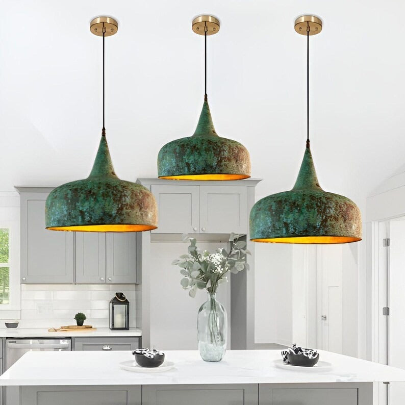 Handmade Green Patina Brass Pendant Light – Moroccan Dome Pendant Lamp with Tall Neck & Warm Gold Interior for Kitchen Island, Dining Room & Boho Home Décor