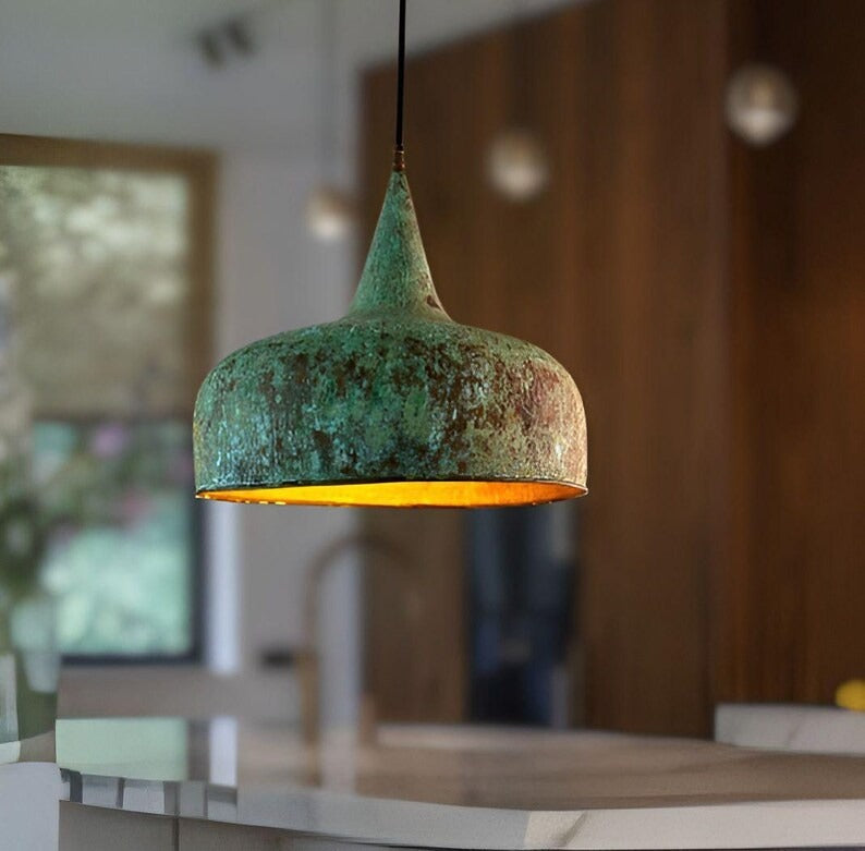 Handmade Green Patina Brass Pendant Light – Moroccan Dome Pendant Lamp with Tall Neck & Warm Gold Interior for Kitchen Island, Dining Room & Boho Home Décor