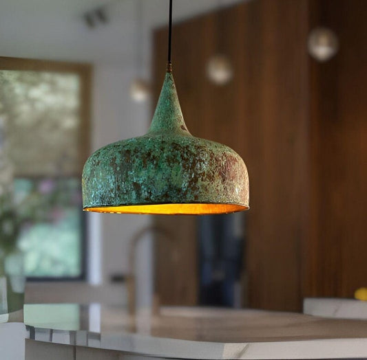 Handmade Green Patina Brass Pendant Light – Moroccan Dome Pendant Lamp with Tall Neck & Warm Gold Interior for Kitchen Island, Dining Room & Boho Home Décor