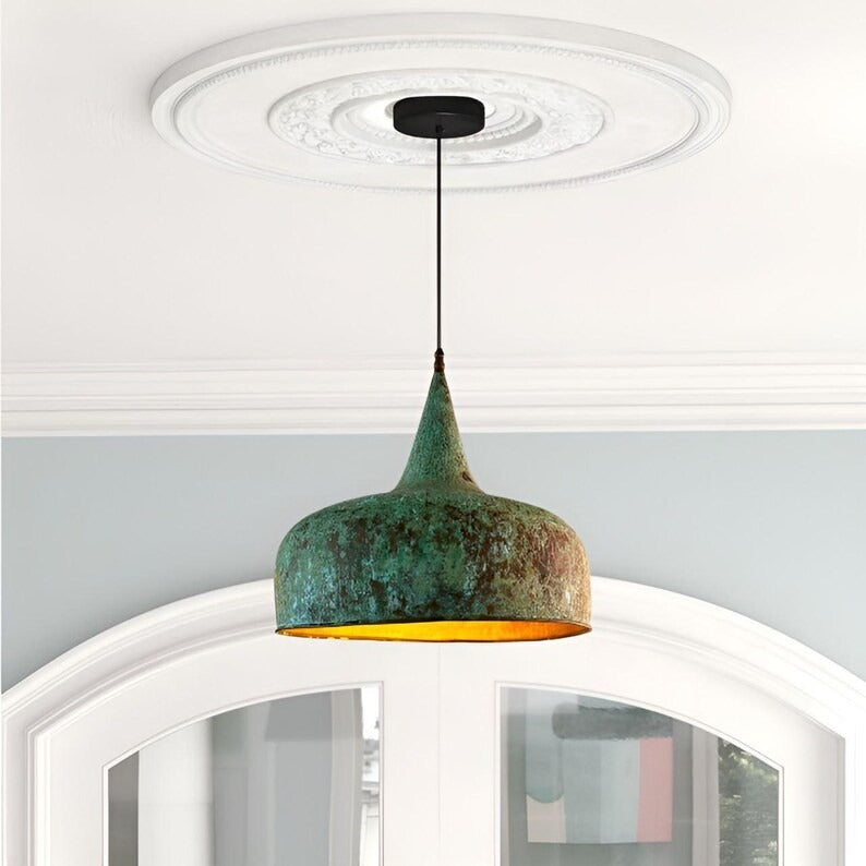 Handmade Green Patina Brass Pendant Light – Moroccan Dome Pendant Lamp with Tall Neck & Warm Gold Interior for Kitchen Island, Dining Room & Boho Home Décor