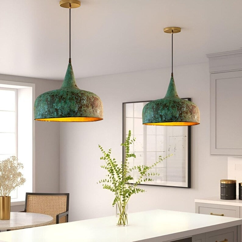 Handmade Green Patina Brass Pendant Light – Moroccan Dome Pendant Lamp with Tall Neck & Warm Gold Interior for Kitchen Island, Dining Room & Boho Home Décor