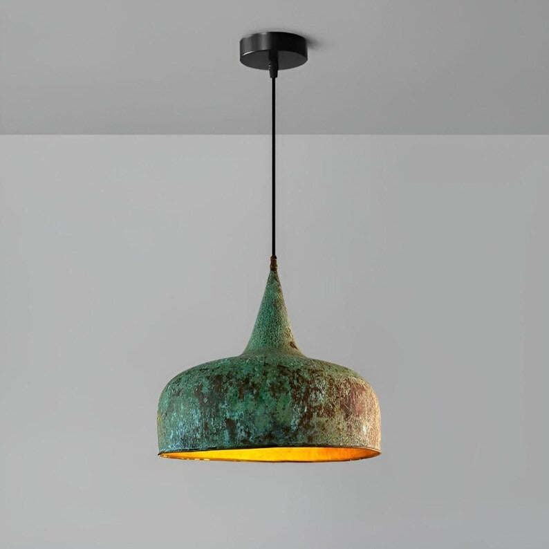 Handmade Green Patina Brass Pendant Light – Moroccan Dome Pendant Lamp with Tall Neck & Warm Gold Interior for Kitchen Island, Dining Room & Boho Home Décor