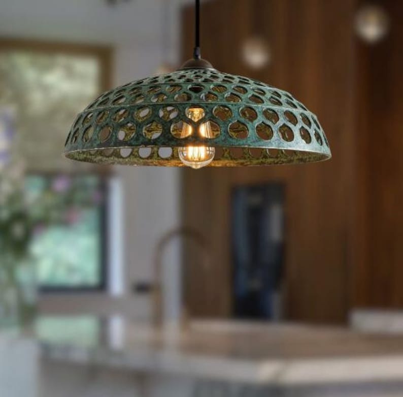 Handmade Green Patina Brass Pendant Light – Moroccan Perforated Wide Dome Hanging Lamp with Large Round Cutouts for Kitchen Island, Dining Room & Boho Home Décor