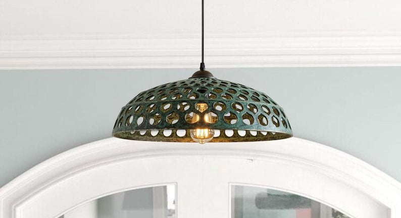 Handmade Green Patina Brass Pendant Light – Moroccan Perforated Wide Dome Hanging Lamp with Large Round Cutouts for Kitchen Island, Dining Room & Boho Home Décor