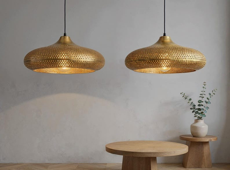 Perforated Brass Saucer Pendant Light, Handmade Moroccan Gold Brass Chandelier, Pierced Kitchen Island Hanging Lamp, Rustic Boho Farmhouse Dining Room Ceiling Light Fixture