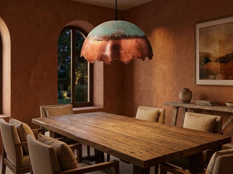 Verdigris & Copper Brass Dome Pendant Light – Handcrafted Moroccan Scalloped Kitchen Island Chandelier