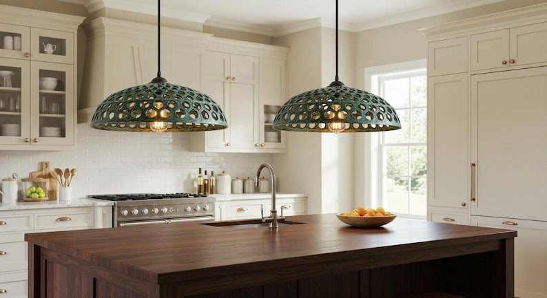 Handmade Green Patina Brass Pendant Light – Moroccan Perforated Wide Dome Hanging Lamp with Large Round Cutouts for Kitchen Island, Dining Room & Boho Home Décor