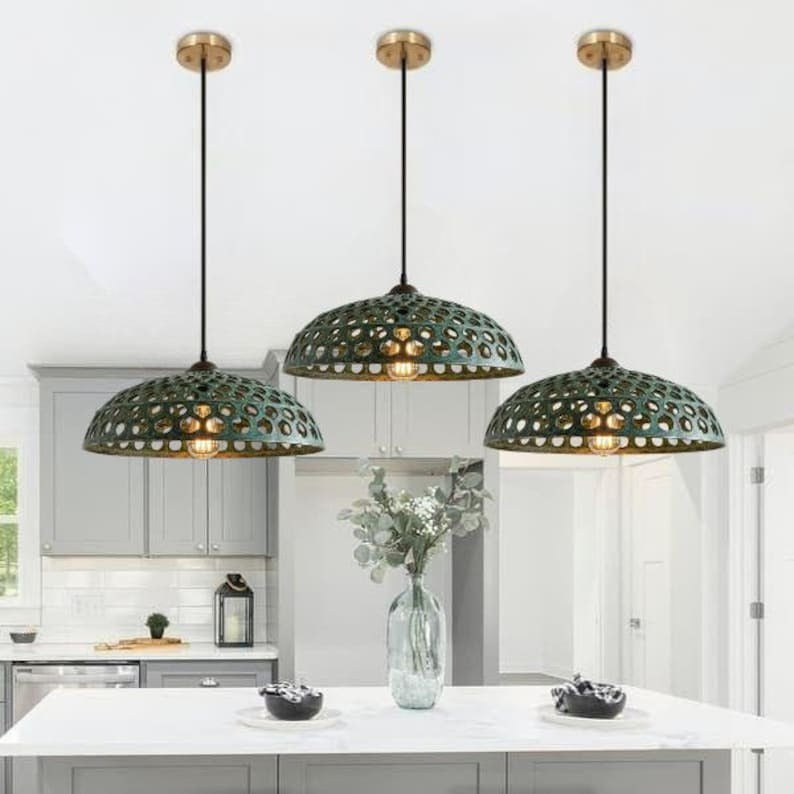 Handmade Green Patina Brass Pendant Light – Moroccan Perforated Wide Dome Hanging Lamp with Large Round Cutouts for Kitchen Island, Dining Room & Boho Home Décor