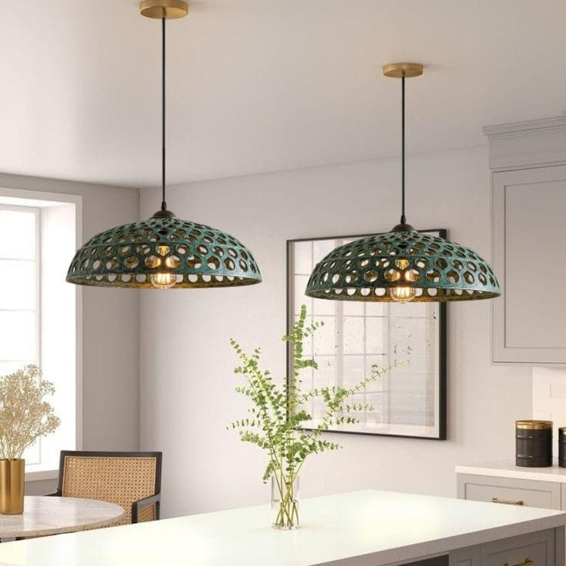 Handmade Green Patina Brass Pendant Light – Moroccan Perforated Wide Dome Hanging Lamp with Large Round Cutouts for Kitchen Island, Dining Room & Boho Home Décor