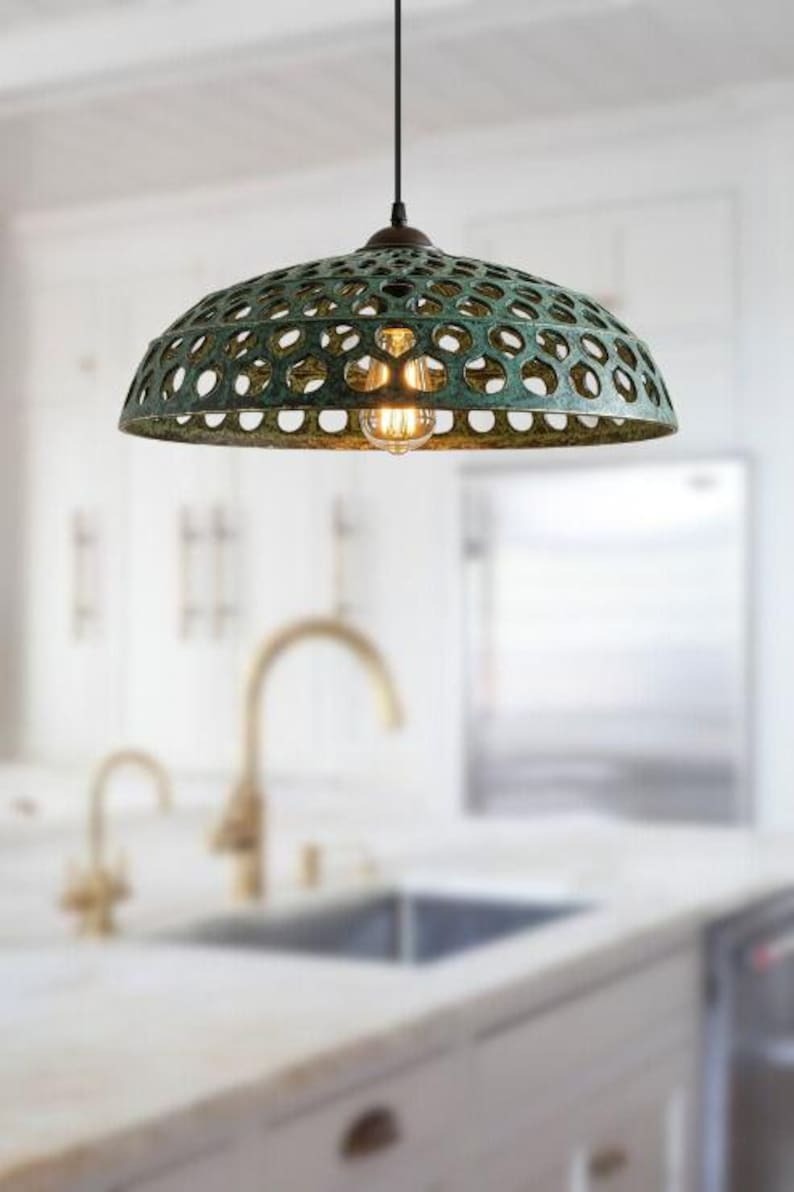Handmade Green Patina Brass Pendant Light – Moroccan Perforated Wide Dome Hanging Lamp with Large Round Cutouts for Kitchen Island, Dining Room & Boho Home Décor