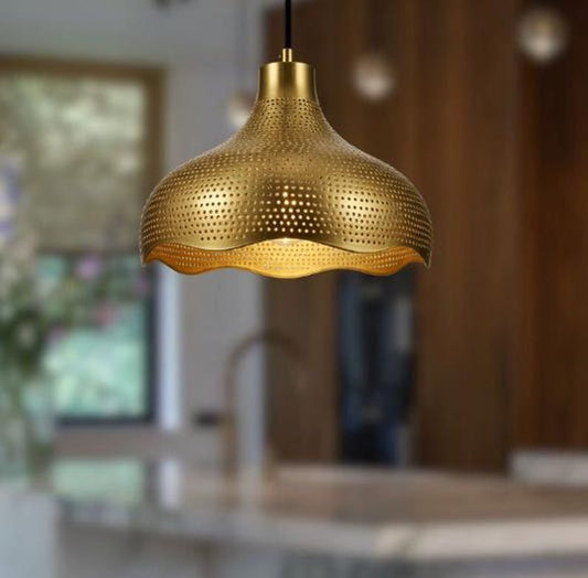 Handmade Gold Brass Pendant Light – Moroccan Perforated Wave Dome Hanging Lamp with Scalloped Edge for Kitchen Island, Dining Room & Boho Home Décor