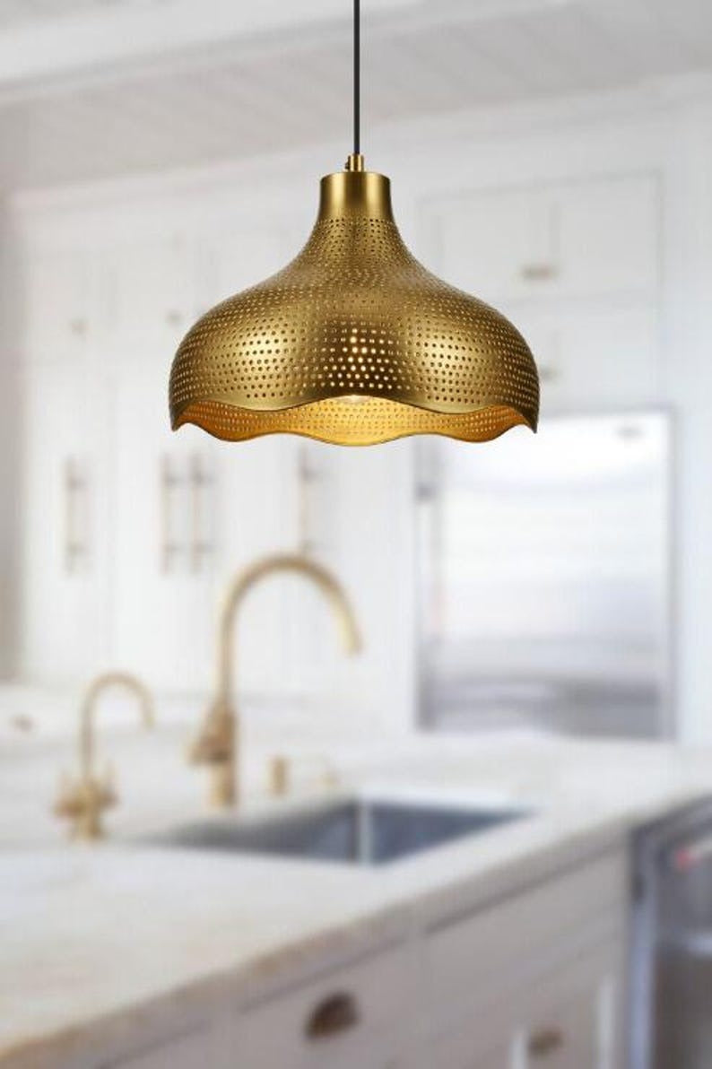 Handmade Gold Brass Pendant Light – Moroccan Perforated Wave Dome Hanging Lamp with Scalloped Edge for Kitchen Island, Dining Room & Boho Home Décor