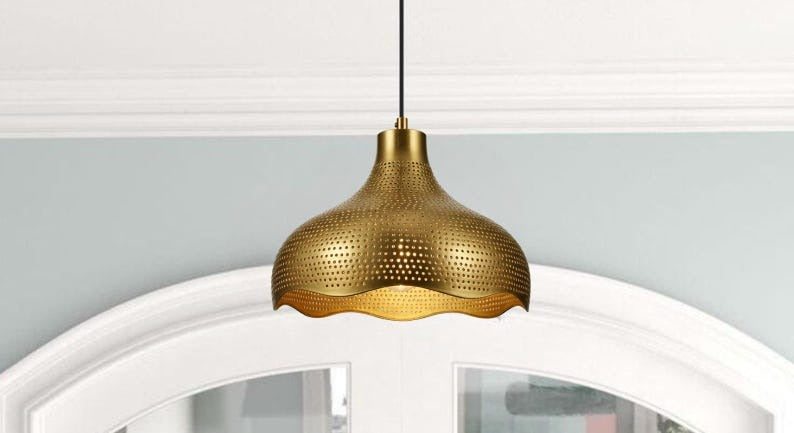 Handmade Gold Brass Pendant Light – Moroccan Perforated Wave Dome Hanging Lamp with Scalloped Edge for Kitchen Island, Dining Room & Boho Home Décor