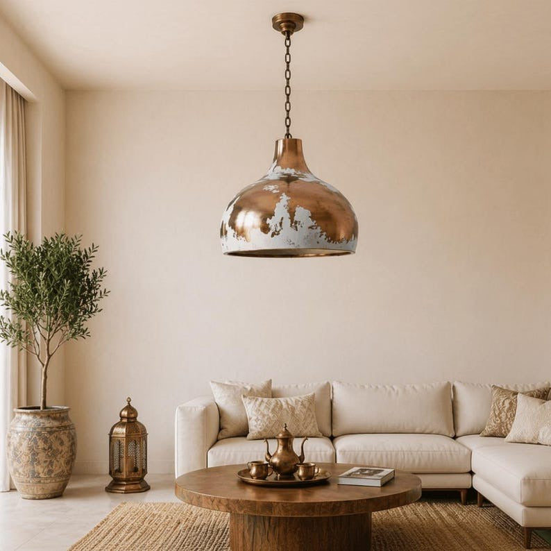 Handmade Moroccan Brass Pendant Light – Distressed White & Copper Finish Dome Ceiling Lamp, Rustic Industrial Kitchen Island Lighting