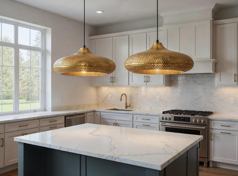 Perforated Brass Saucer Pendant Light, Handmade Moroccan Gold Brass Chandelier, Pierced Kitchen Island Hanging Lamp, Rustic Boho Farmhouse Dining Room Ceiling Light Fixture