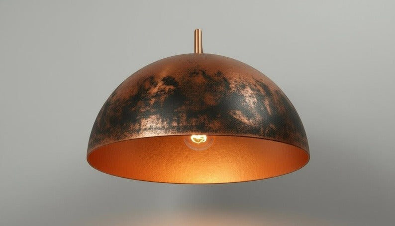 Handmade Moroccan Brass Dome Pendant Light – Large Hammered Brass Ceiling Lamp with Aged Black Copper Patina Finish, Boho Mediterranean Hanging Pendant for Kitchen Island, Dining Room, Entryway & Living Room