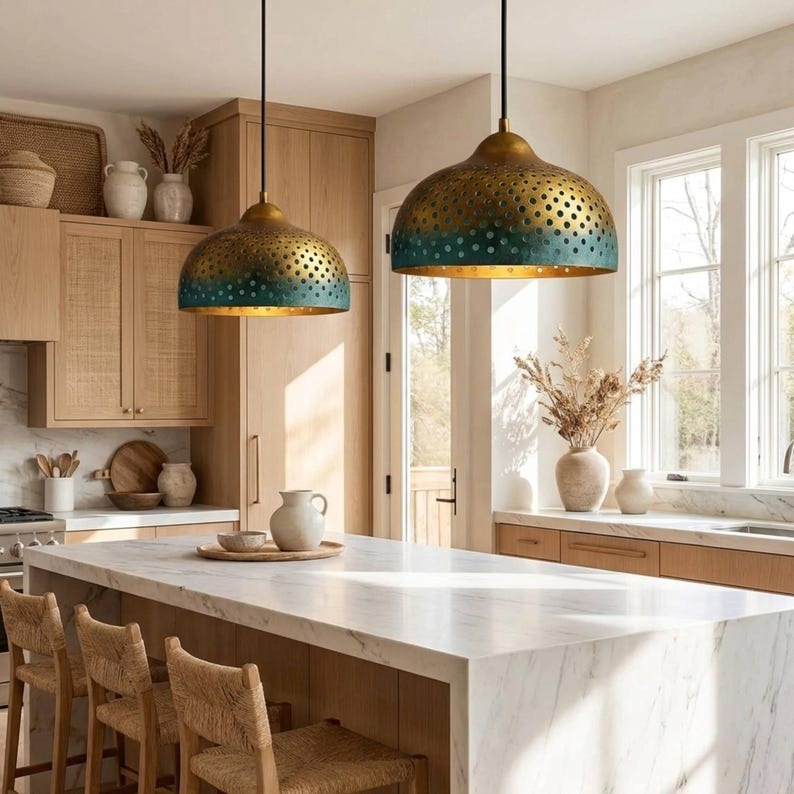 Handmade Moroccan Brass Dome Pendant Light – Perforated Antique Gold and Turquoise Verdigris Hanging Lamp with Warm Brass Interior, Boho Ceiling Light for Kitchen Island, Dining Room & Living Room