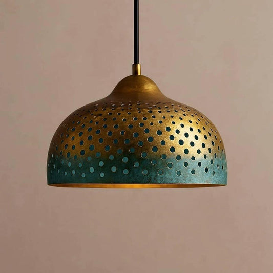 Handmade Moroccan Brass Dome Pendant Light – Perforated Antique Gold and Turquoise Verdigris Hanging Lamp with Warm Brass Interior, Boho Ceiling Light for Kitchen Island, Dining Room & Living Room