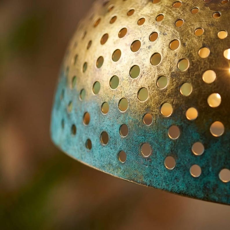 Handmade Moroccan Brass Dome Pendant Light – Perforated Antique Gold and Turquoise Verdigris Hanging Lamp with Warm Brass Interior, Boho Ceiling Light for Kitchen Island, Dining Room & Living Room