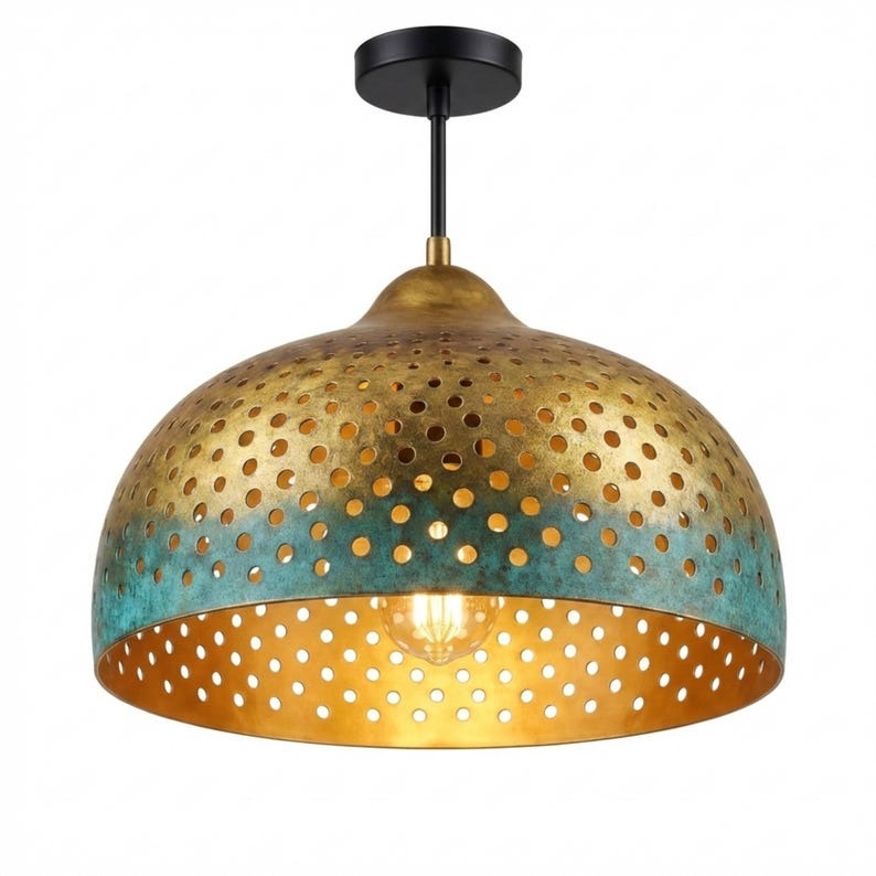 Handmade Moroccan Brass Dome Pendant Light – Perforated Antique Gold and Turquoise Verdigris Hanging Lamp with Warm Brass Interior, Boho Ceiling Light for Kitchen Island, Dining Room & Living Room