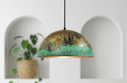 Handmade Moroccan Brass Dome Pendant Light – Perforated Antique Brass and Turquoise Patina Hanging Lamp, Boho Mediterranean Ceiling Light for Kitchen Island, Dining Room & Living Room