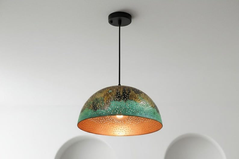 Handmade Moroccan Brass Dome Pendant Light – Perforated Antique Brass and Turquoise Patina Hanging Lamp, Boho Mediterranean Ceiling Light for Kitchen Island, Dining Room & Living Room