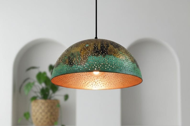 Handmade Moroccan Brass Dome Pendant Light – Perforated Antique Brass and Turquoise Patina Hanging Lamp, Boho Mediterranean Ceiling Light for Kitchen Island, Dining Room & Living Room