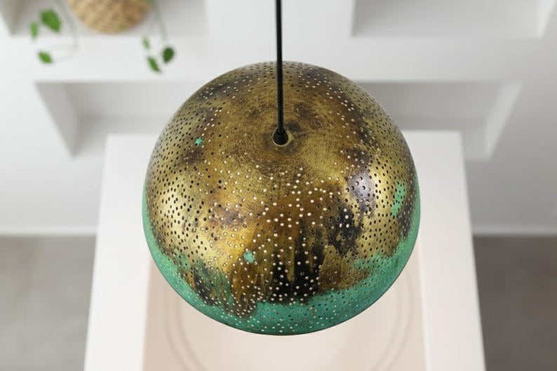 Handmade Moroccan Brass Dome Pendant Light – Perforated Antique Brass and Turquoise Patina Hanging Lamp, Boho Mediterranean Ceiling Light for Kitchen Island, Dining Room & Living Room