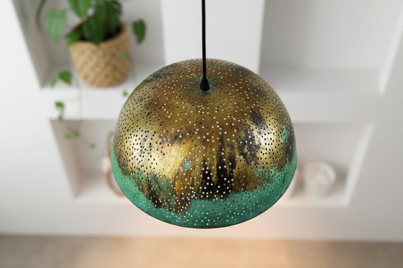 Handmade Moroccan Brass Dome Pendant Light – Perforated Antique Brass and Turquoise Patina Hanging Lamp, Boho Mediterranean Ceiling Light for Kitchen Island, Dining Room & Living Room