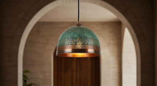 Green Patina Copper Pendant Light, Handmade Perforated Dome Ceiling Lamp, Rustic Moroccan Kitchen Island Chandelier with Warm Copper Interior