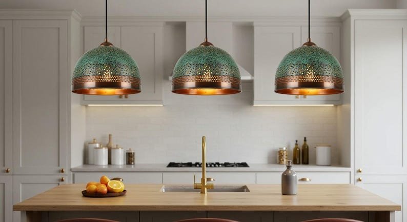 Green Patina Copper Pendant Light, Handmade Perforated Dome Ceiling Lamp, Rustic Moroccan Kitchen Island Chandelier with Warm Copper Interior