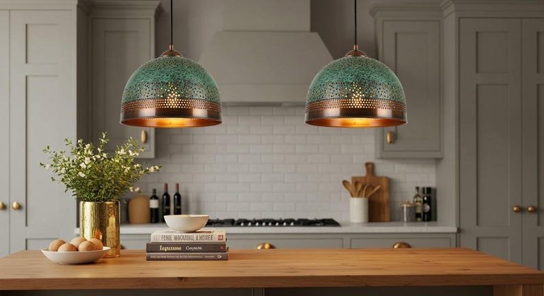 Green Patina Copper Pendant Light, Handmade Perforated Dome Ceiling Lamp, Rustic Moroccan Kitchen Island Chandelier with Warm Copper Interior